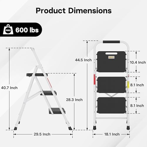 BONTEC 3-Step Ladder, Folding Step Stool, 600lbs Max Load Capacity, Sturdy Steel, Non-Slip Pedals, Lightweight, Portable Steel Ladder with Convenient Handrail, Safety Design for Home & Work, White