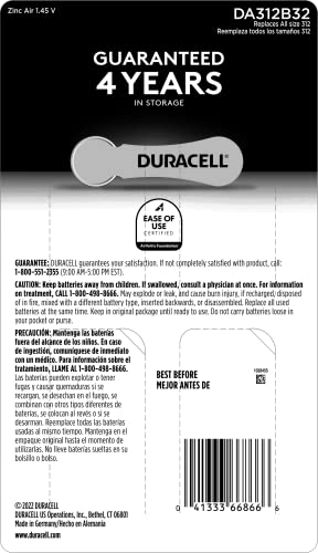 DURACELL Hearing Aid Batteries Brown Size 312, 32 Count Pack, 312A Size Hearing Aid Battery with Long-Lasting Power, Extra-Long EasyTab Install for Hearing Aid Devices