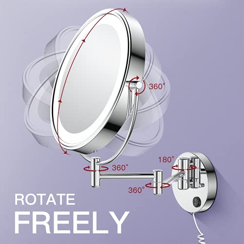Benbilry 9" Large Size Wall Mounted Lighted Makeup Vanity Mirror, 1X/10X Magnifying Double-Sided AC Powered Bathroom Mirror, 360° Swivel 13 Inch Extendable