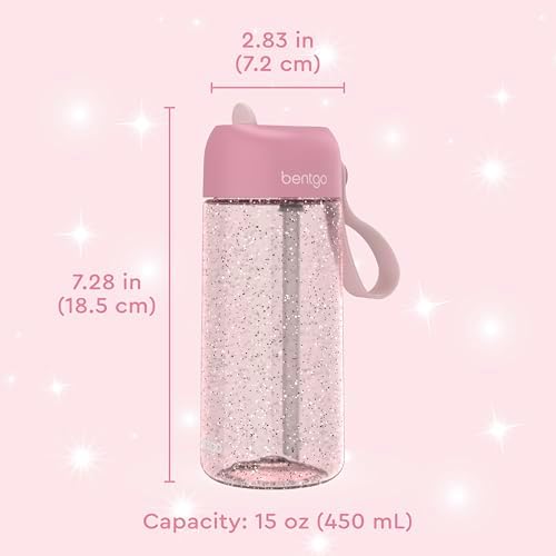 Bentgo Kids Water Bottle - Leak-Proof, Durable Tritan, BPA-Free 15 oz. Cup for Kids/Toddlers Ages 3+, Safe Sip Spout, Carrying Handle, & Dishwasher Safe for School (Glitter Edition - Petal Pink)