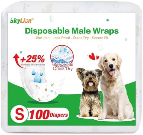 Dog Diapers Male Disposable Super Absorbent, 100 Count, Male Dog Wraps Leak Proof, Ultra Dry & Breathable, Small