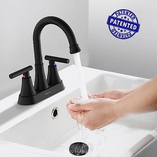 Bathroom Faucets for Sink 3 Hole, Hurran 4 inch Matte Black Bathroom Sink Faucet with Pop-up Drain and 2 Supply Hoses, Stainless Steel Lead-Free Centerset Faucet for Vanity RV, 2 Pack