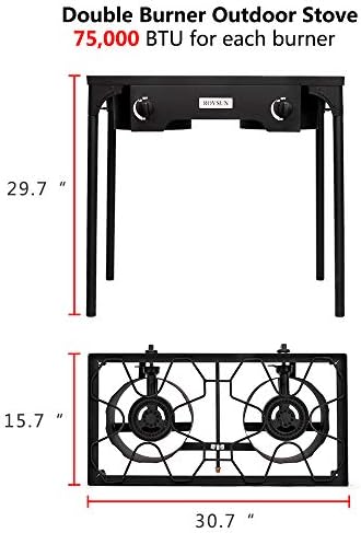 Bonnlo 2 Burner Outdoor Portable Propane Stove Gas Cooker, Heavy Duty Iron Cast Patio Burner with Detachable Stand Legs for Camp Cooking (2-Burner 150,000-BTU)
