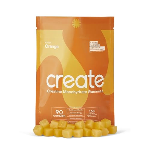 Create Creatine Monohydrate Gummies for Men & Women, Boost Focus, Strength, and Endurance, Anti-Melting Formula, Vegan, Gluten-Free, Non-GMO, 1.5g of Creatine per Gummy (Orange, 90ct)