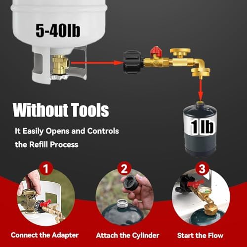 Propane Refill Adapter for 1 Lb. Tanks, 2025 Upgraded Propane Refill Elbow Adapter with Tank Gauge and Valve Control, Propane Adapter 20lb to 1lb Converter fits QCC1 /POL-Type 1 Propane Tank