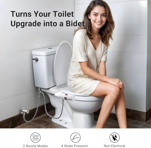 Bidet Attachment for Toilet, Dual Nozzle Bidet Toilet Seat, Non-Electric Ultra-Thin Bidets for Existing Toilets, Rear/Feminine Wash with Adjustable Water Pressure (Rose Gold)