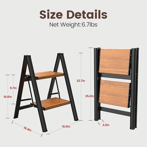 HBTower 2 Step Stool,Lightweight Aluminum Folding Step Stool with Anti-Slip Wide Pedal,330lbs Capacity 2 Step Ladder for Household,Kitchen,Office - BlackWoodgrain