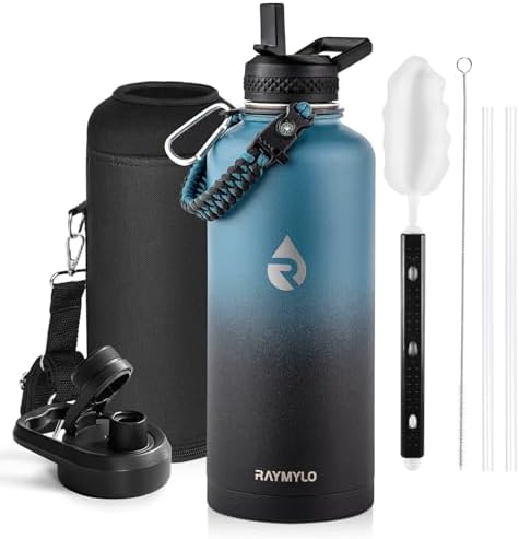 Insulated Water Bottle 87 oz, Triple Wall Vacuum Stainless Steel (Cold for 48 Hrs), Leak Proof & Non-BPA, Modern Water Flask Jug with Paracord Handle & Straw Spout Lids, Indigo/Black