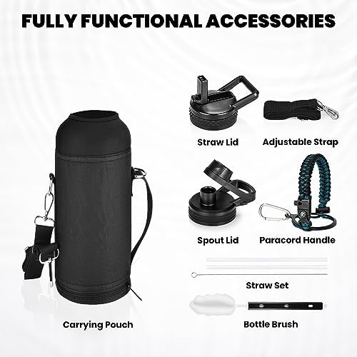 Insulated Water Bottle 40 oz, Triple Wall Vacuum Stainless Steel (Cold for 48 Hrs), Leak Proof & Non-BPA, Modern Water Flask Jug with Paracord Handle & Straw Spout Lids, Indigo/Black