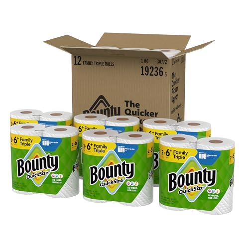 Bounty Quick-Size Paper Towels, White, 12 Family Triple Rolls = 40 Regular Rolls