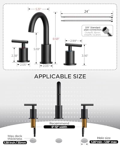 FORIOUS Bathroom Faucets, 8 Inch Widespread Matte Black Bathroom Sink Faucet 3 Hole with 360°Swivel Spout, Suitable for 6-12 Inch Vanity Sink, with Metal Pop-up Drain and cUPC Supply Line