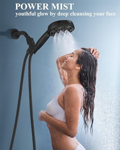 High Pressure Shower head with Handheld 7 Modes, Built-in Power Wash to Clear Tub. Tile & Pets, 5” High Flow Hand Held Hydro Rain Showerhead with Stainless Steel Hose and Adjustable Bracket-Matt Black