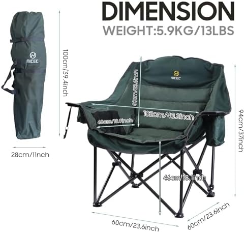 Nice C Camping Chairs, Oversized XL Padded Camping Chair, Outdoor Chair, Camp Chair, Lounge Chair, Wide&Thick, Heavy Duty 400lb, Carry Bag, Cupholder & Cooler (One Green)