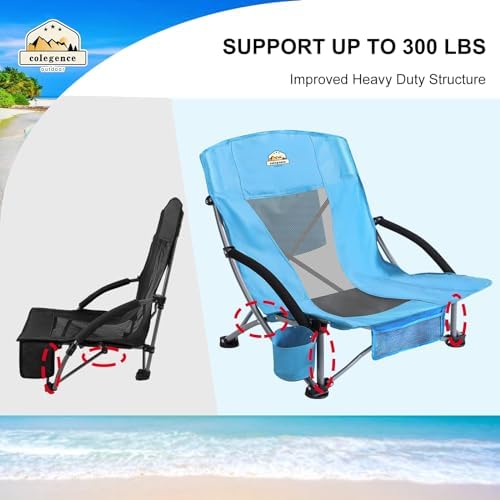 Low Back Camping Chair 2 Pack Support 300 LBS Carry Bag Included,Low Profile Folding Outdoor Chair,Camp Beach Chairs Set,with Phone Bag,Cooler Pocket,Cup Holder for Kids(2 Pcs Blue)