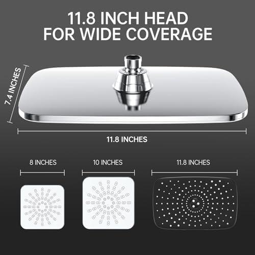 Veken 11.8 Rectangle Inch Rain Shower Head - Shower Heads with 6 Modes Handheld Spray Combo - Wide Rainfall shower with 70" Hose - 1.8gpm Dual Showerhead with Anti-Clog Nozzles - Chrome