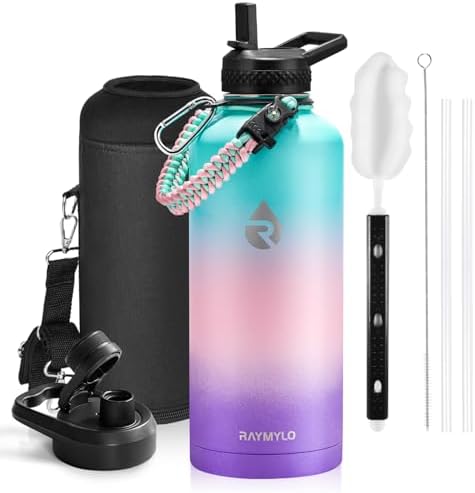Insulated Water Bottle 87 oz, Triple Wall Vacuum Stainless Steel (Cold for 48 Hrs), Leak Proof & Non-BPA, Modern Water Flask Jug with Paracord Handle & Straw Spout Lids, Hydrangea