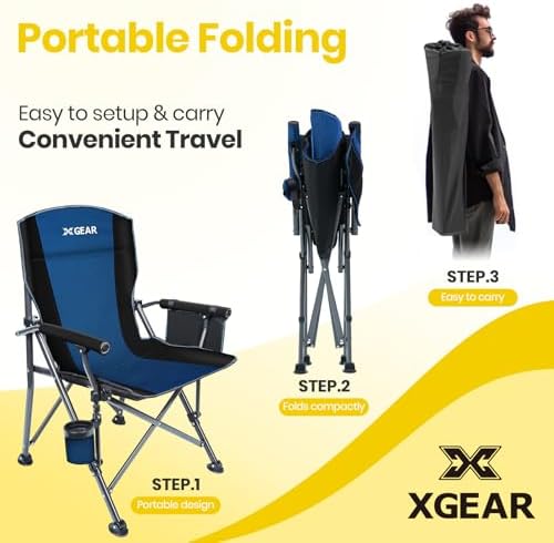 XGEAR Portable Camping Chairs for Adults with Padded Hard Armrest, Sturdy Folding Camping Chair with Cup Holder, Storage Pockets Carry Bag Included, Support to 300 lbs(Blue)