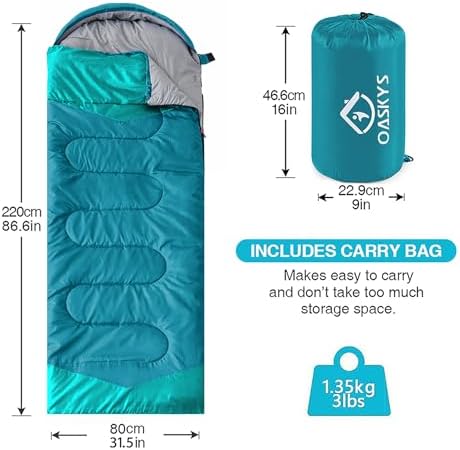 oaskys Camping Sleeping Bag - 3 Season Warm & Cool Weather - Summer Spring Fall Lightweight Waterproof for Adults Kids - Camping Gear Equipment, Traveling, and Outdoors