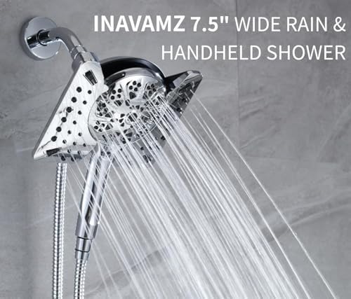 2.5 GPM Shower Head with Handheld: 2-in-1 High Pressure Shower Heads with Handheld Spray Combo 7.5" Rain Shower and 10 Spray Settings Handheld Shower Head, Detachable Showerhead with Hose