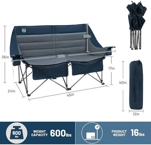 TIMBER RIDGE Fully Padded Double Camping Chair, Heavy Duty Outdoor Folding Camp Couch, Loveseat Camping Chairs Perfect for Campsites, Patio/Lawn, Soccer Games or Other Youth Sports, Supports 600 lbs