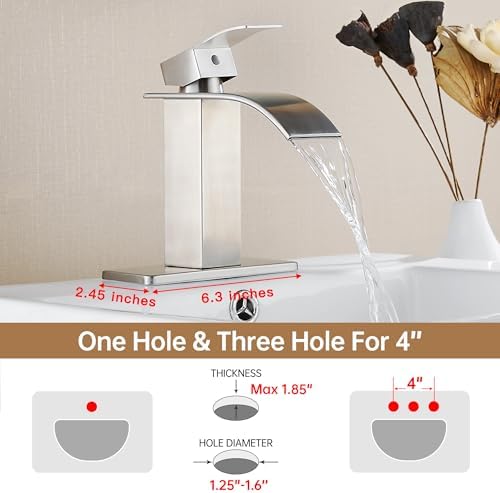 FRANSITON Brushed Nickel Waterfall Bathroom Faucet Lavatory Single Handle 1 or 3 Hole Bathroom Sink Faucet Washbasin Faucet with Deck and Pop-up Drain (Brushed Nickel- Set of 2, Short)