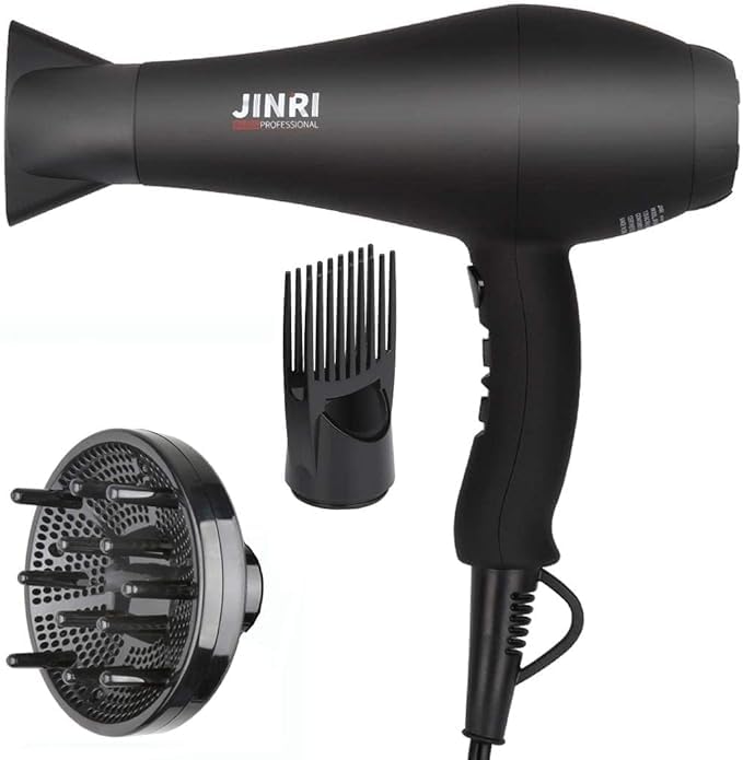 Hair Dryer 1875W, Negative Ionic Fast Dry Low Noise Blow Dryer, Professional Salon Hair Dryers with Diffuser, Concentrator, Styling Pik, 2 Speed and 3 Heat Settings (Bk)