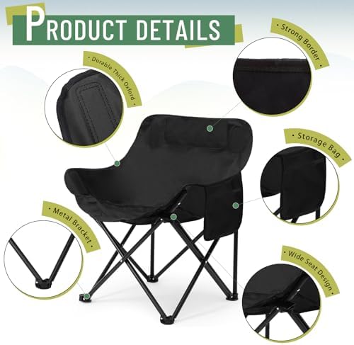 2 Pack Compact Camping Chairs Portable Folding for Outside with Carry Bag Lightweight Moon Chairs for Travel Picnic Hiking Beach Fishing, 600D Oxford, Supports 330lbs(Black)