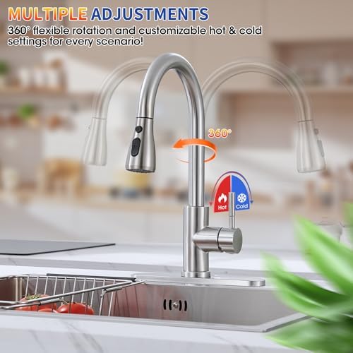 Kitchen Faucets with Pull Down Sprayer, High Arc Single Handle Stainless Steel Commercial Kitchen Faucet 1 or 3 Hole Sink Faucet for Farmhouse Camper Laundry Rv Bar, Brushed Nickel