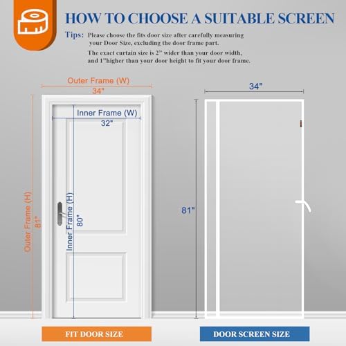MAGZO Magnetic Screen Door White 32'' x 80'', Reversible Left Right Side Opening, Upgraded Polyester Scratch-Proof, Mesh Net for Sliding Glass/Single/Patio/French Doors with Adhesive-Hook&Loop to Hang
