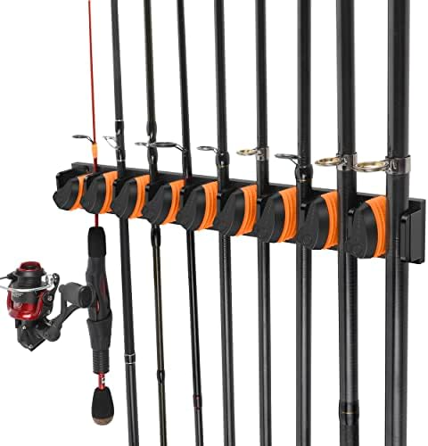 PLUSINNO V9 Vertical Fishing Rod Holders, Wall Mounted Fishing Pole Holders, Fishing Rod Rack Holds Up to 9 Rods or Combos, Fishing Rod Holders for Garage, Fits Most Rods of Diameter 3-19mm