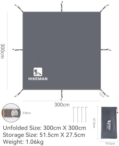 Hikeman Tent Footprint - Waterproof Camping Tarp, Heavy Duty Tent Floor Saver, Ultralight Ground Sheet Mat for Hiking, Backpacking, Hammock, Beach - Storage Bag Included(PU3000mm,300 * 300CM)