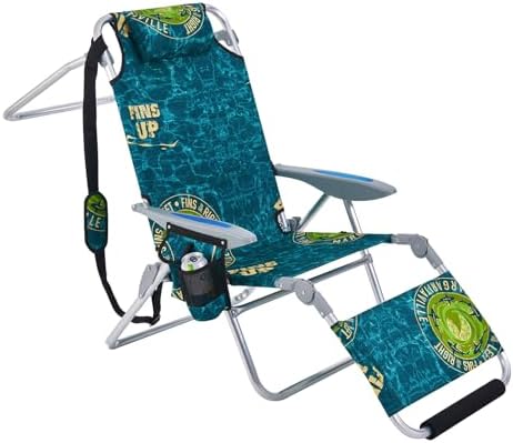 Portable Camping Beach Chair for Adults, Outdoor Lay Flat Beach Lounge Chair Folding Chairs with Footrest, Backpack Chair with Towel Bar, Cooler Pouch, Cup Holder, Geometric Green