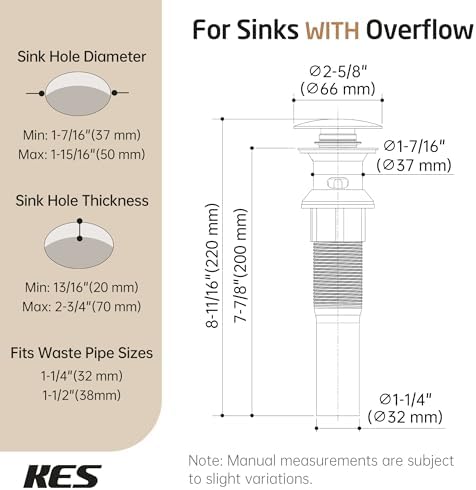 KES All Metal Bathroom Sink Drain with Strainer Basket Hair Catcher Anti Clog Pop Up Drain Stopper for Lavatory Vanity Vessel Sink with Overflow, Rustproof 18/8 Stainless Steel Matte Black S2013A-BK