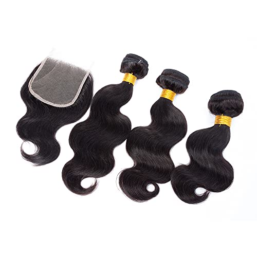 Brazilian Virgin Hair Body Wave 3 Bundles with Closure (12 14 16+10"Closure) 10A Virgin Brazilian Remy Human Hair Bundles with Transparent Closure Remy Hair Bundles with Closure Natural Black