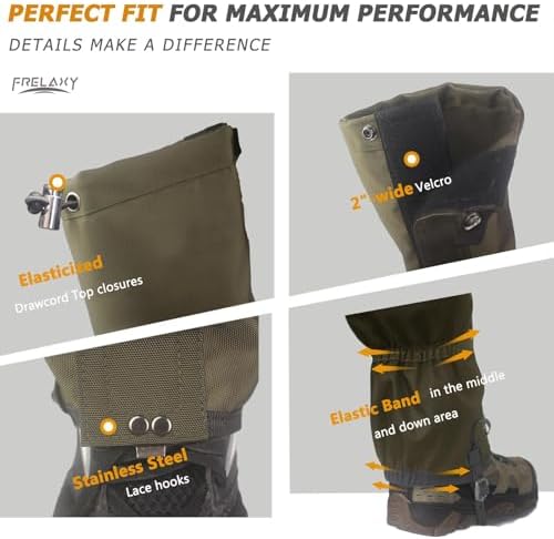 Frelaxy Leg Gaiters Ultra HIGH-Performance Hunting Gaiters, 100% Waterproof Hiking Gaiters with Upgraded Rubber Foot Strap, Adjustable Snow Boot Gaiters