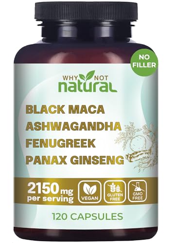 Why Not Natural 4-in-1 Organic Black Maca Root, Ashwagandha, Fenugreek, Panax Ginseng Capsules, Supplement for Men and Women