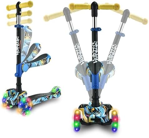 Hurtle 3-Wheeled Scooter for Kids - Wheel LED Lights, Adjustable Lean-to-Steer Handlebar, and Foldable Seat - Sit or Stand Ride with Brake for Boys and Girls Ages 1-14 Years Old
