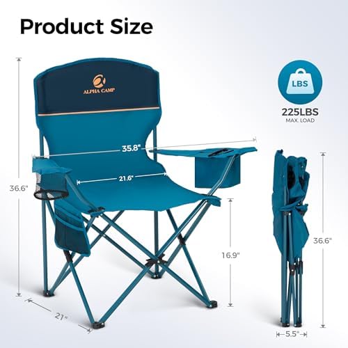 ALPHA CAMP Camping Chair 2 Pack Portable Chair with 3-Can Cooler Folding Chair with Side Pocket and Cup Holder, Collapsible for Camping, Tailgates, Beach, Fishing and Sports,2PC