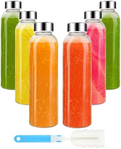 Sursip 18oz Glass Water Bottle Set of 6, Clear glass juice bottle for juicing,Reusable Drinking Bottles with Stainless Steel Lid,Beverage Storage Containers for Refrigerator-BPA Free,Leak Proof