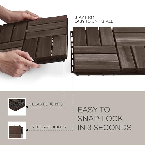 10 Pcs Interlocking Deck Tiles, Patio Flooring - Outdoor Waterproof Acacia Wood Tiles for All Weather Use - Balcony, Backyard, Indoor & Outdoor (Espresso, 10 Pcs - 12.1 Square Ft)
