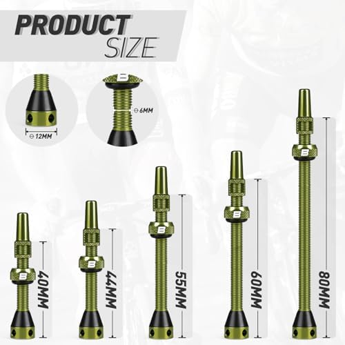 BWSHLF Tubeless Presta Valve Stem 40/44/55/60/65/80/100 mm, Super Light Alloy Presta Valve Stem Kit with Valve Core Remover Tool and Valve Stem Caps - Multiple Color and Size Options(Pair)