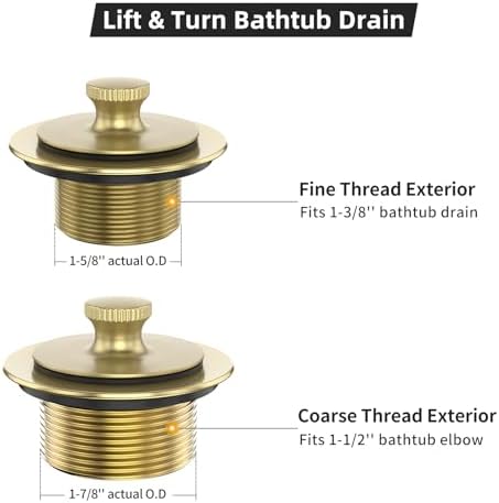 Brushed Gold Bathtub Drain Bath Tub Trim Set Conversion Kit Assembly, All Brass Lift and Turn Twist Tub Drains Replacement Trim Kit with Two-Hole Overflow Faceplate
