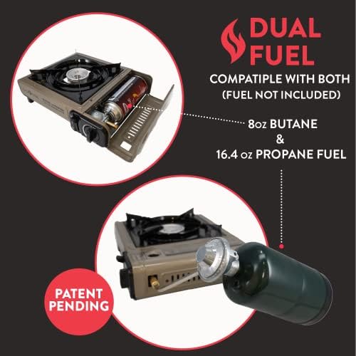 Gas One Propane or Butane Stove GS-3400P Dual Fuel Portable Camping and Backpacking Gas Stove Burner with Carrying Case Great for Emergency Preparedness Kit (Gold) (Stove + 4 Butane Fuel)