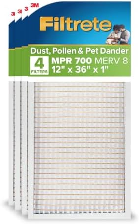 Filtrete 12x36x1 AC Furnace Air Filter, MERV 8, MPR 700, Tough on Pollen, Easy on Airflow, 3-Month Pleated 1-Inch Electrostatic Air Cleaning Filter, 4-Pack (Actual Size 11.69 x 35.69 x 0.81 in)