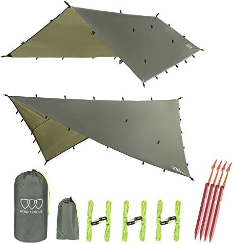 Gold Armour Rainfly Tarp Hammock, Premium 14.7ft/12ft/10ft/8ft Rain Fly Cover, Waterproof Ultralight Camping Shelter Canopy, Survival Equipment Gear Camping Tent Accessories (OD Green 12ft x 10ft)