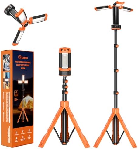 Saker Portable Camping Light with Stand 73.2" Rechargeable Work Light 800/3200 Lumen 4000/6500K Dimmable Camping Light for Outdoor Work, Power Outages, Fishing LD10 Orange