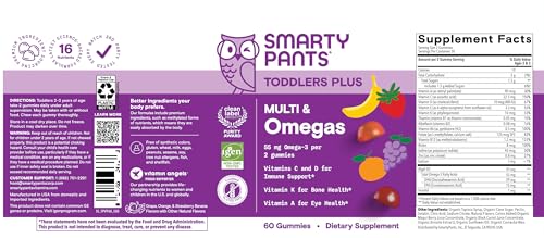 SmartyPants Toddler Multivitamin Gummies - Improved Formula: Omega 3 (DHA/EPA), Vitamins D3, C, Vitamin B12, B6, A, K & Zinc, Biotin, Gluten Free, Three Fruit Flavors, 60 Count (30 Day Supply)