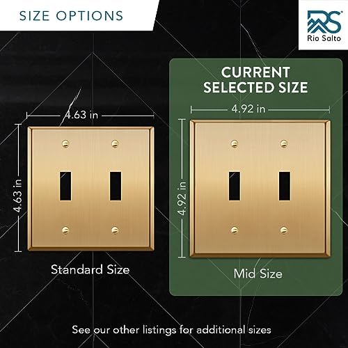Rio Salto BRASS Metal Double Rocker Decora MIDSIZE Gold Double Light Switch Wall Plate Outlet Cover Wall Plate Receptacle Wallplate Dual Rocker Decora 2 Gang Decorator 4.92" x 4.92"