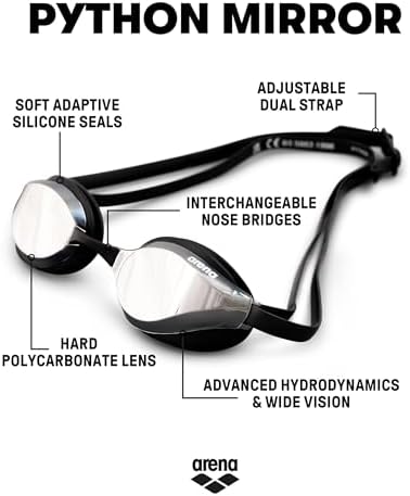 ARENA Unisex Python Racing Swim Goggles for Men and Women Anti-Fog No Leak Max Comfort Dual Strap, Mirror/Non-Mirror Lens