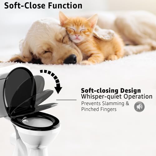 Toilet Seat Rround 16.5inch Soft Close, Toilet Lid Round PP Material Safe & Easy Clean & Quick Installation, Sturdy Accessories Never Loosen, 2 Years Support, Black…